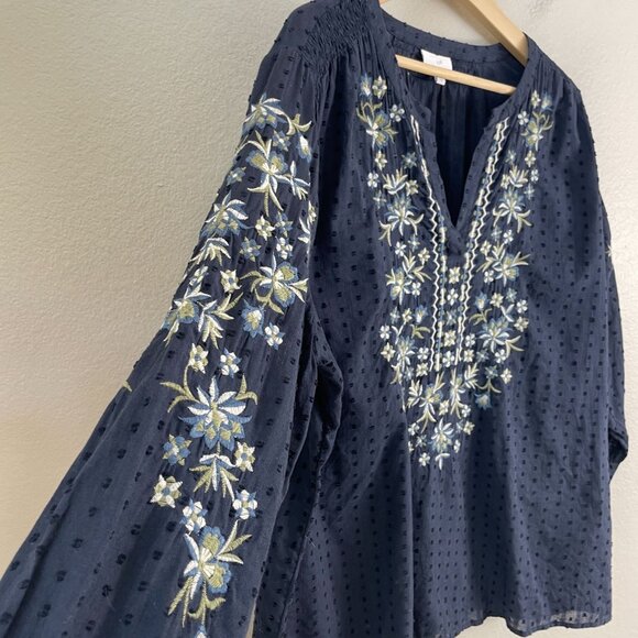 J Jill Womens XL Navy Embroidered Tunic Top Blouse Long Sleeve Floral Boho - Picture 10 of 12